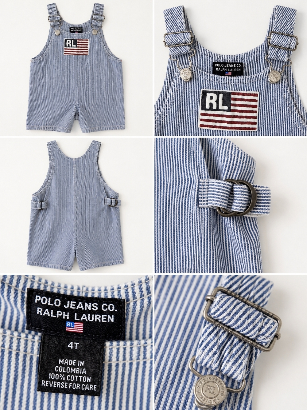 Vintage Polo Jeans Co Ralph Lauren Toddler Overalls 4T Striped RL Flag Patch - Picture 2 of 12